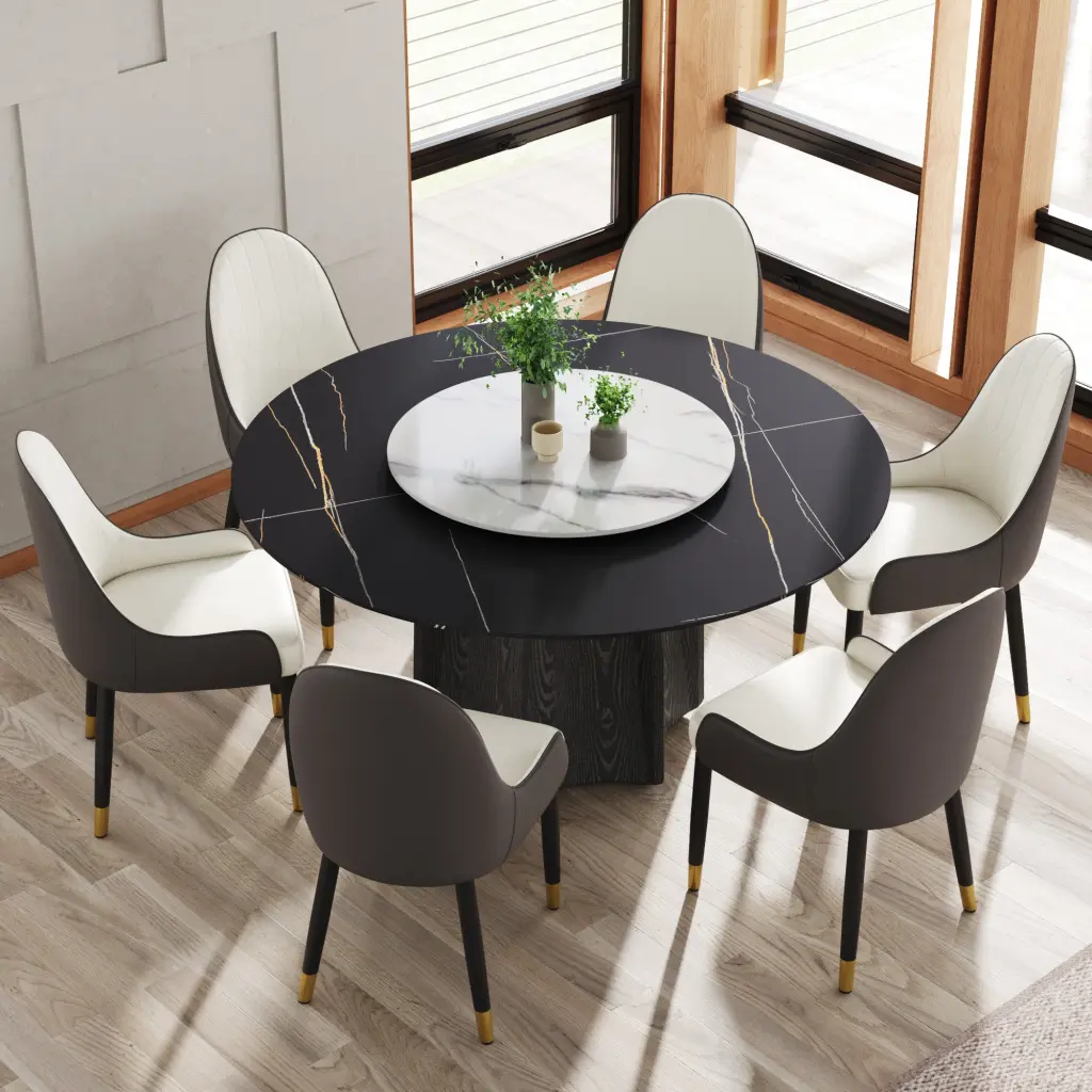 59.05 Inch Round Marble Dining Table Black Textured Solid Wood Base atunus