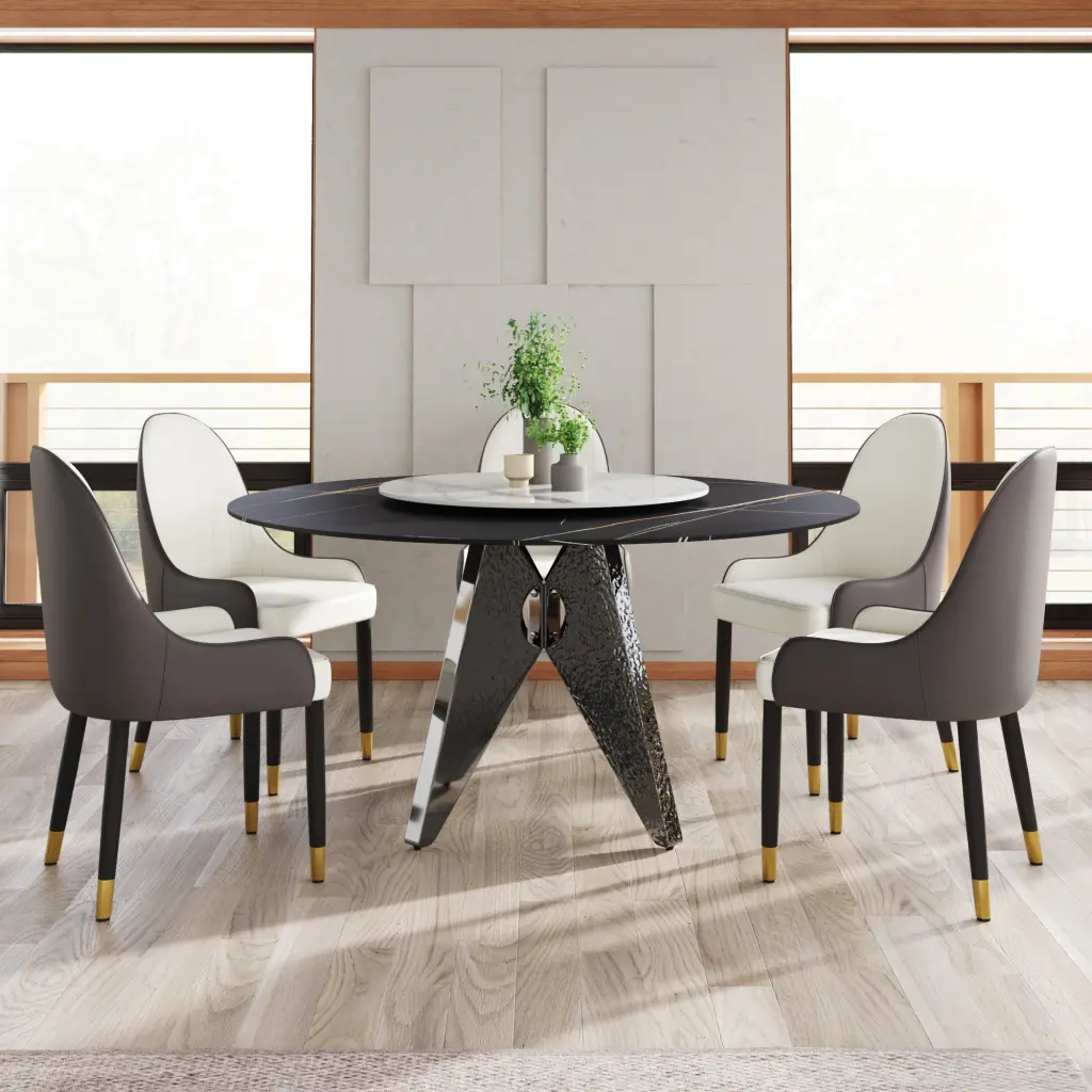 59.05 Inch Round Marble Dining Table Silver Stainless Steel Base atunus