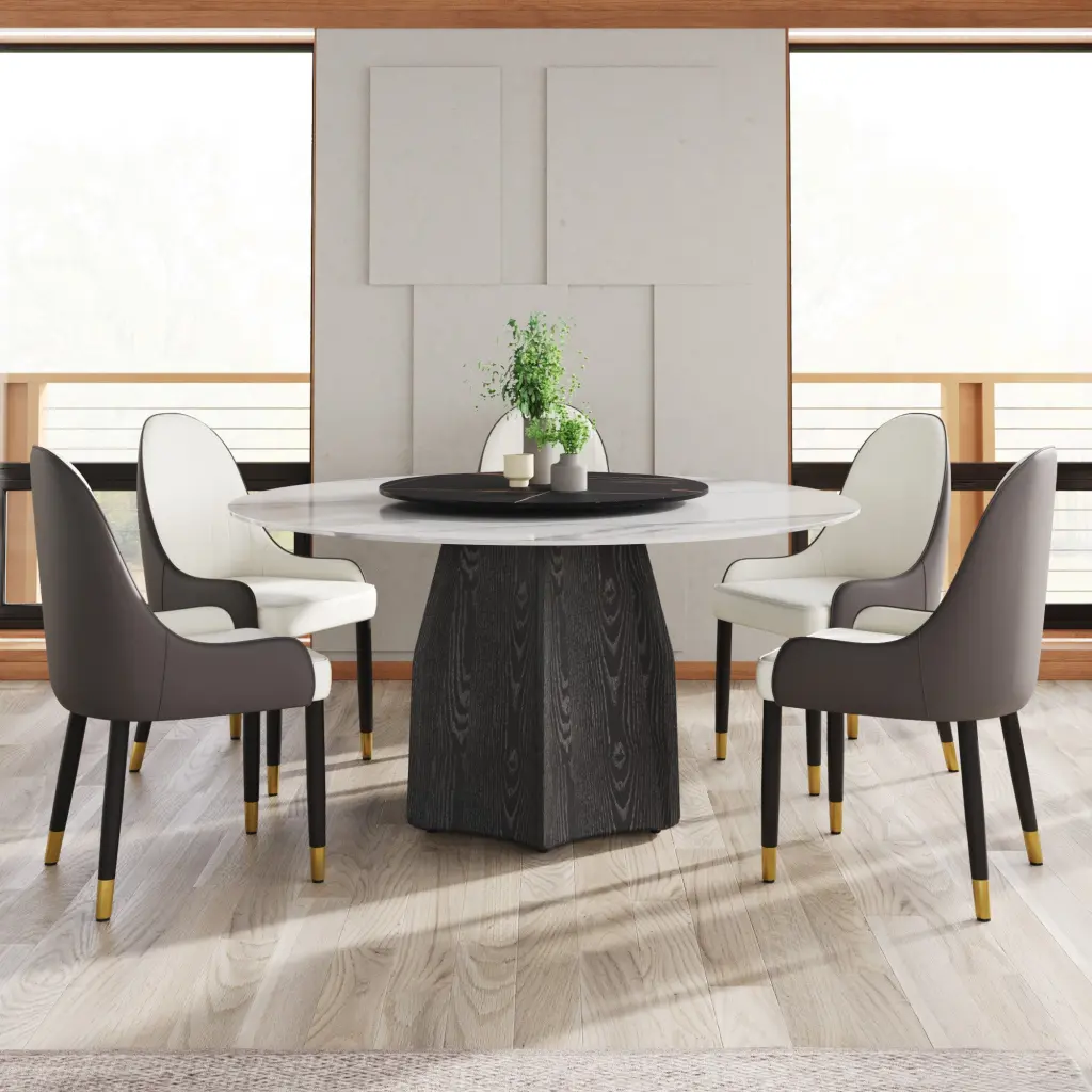 59.05 Inch Round Marble Dining Table Black Wood Base atunus
