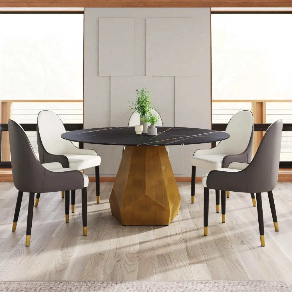 59.05 Inch Round Stone Dining Table Metallic Base Artificial Stone Top atunus
