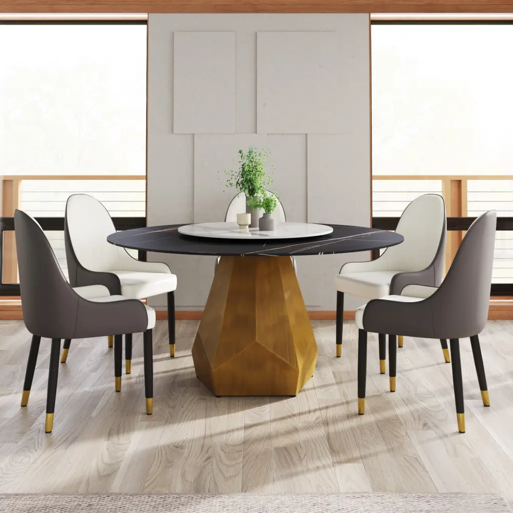 59.05 Inch Round Stone Dining Table Metallic Base Modern Kitchen atunus