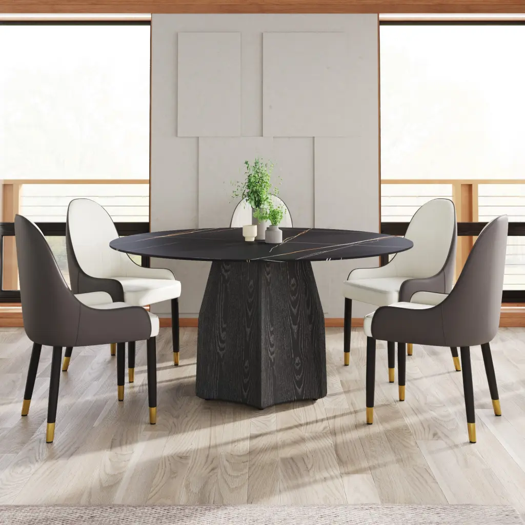 59.05 Inch Round Stone Dining Table Black Textured Solid Timber Base atunus
