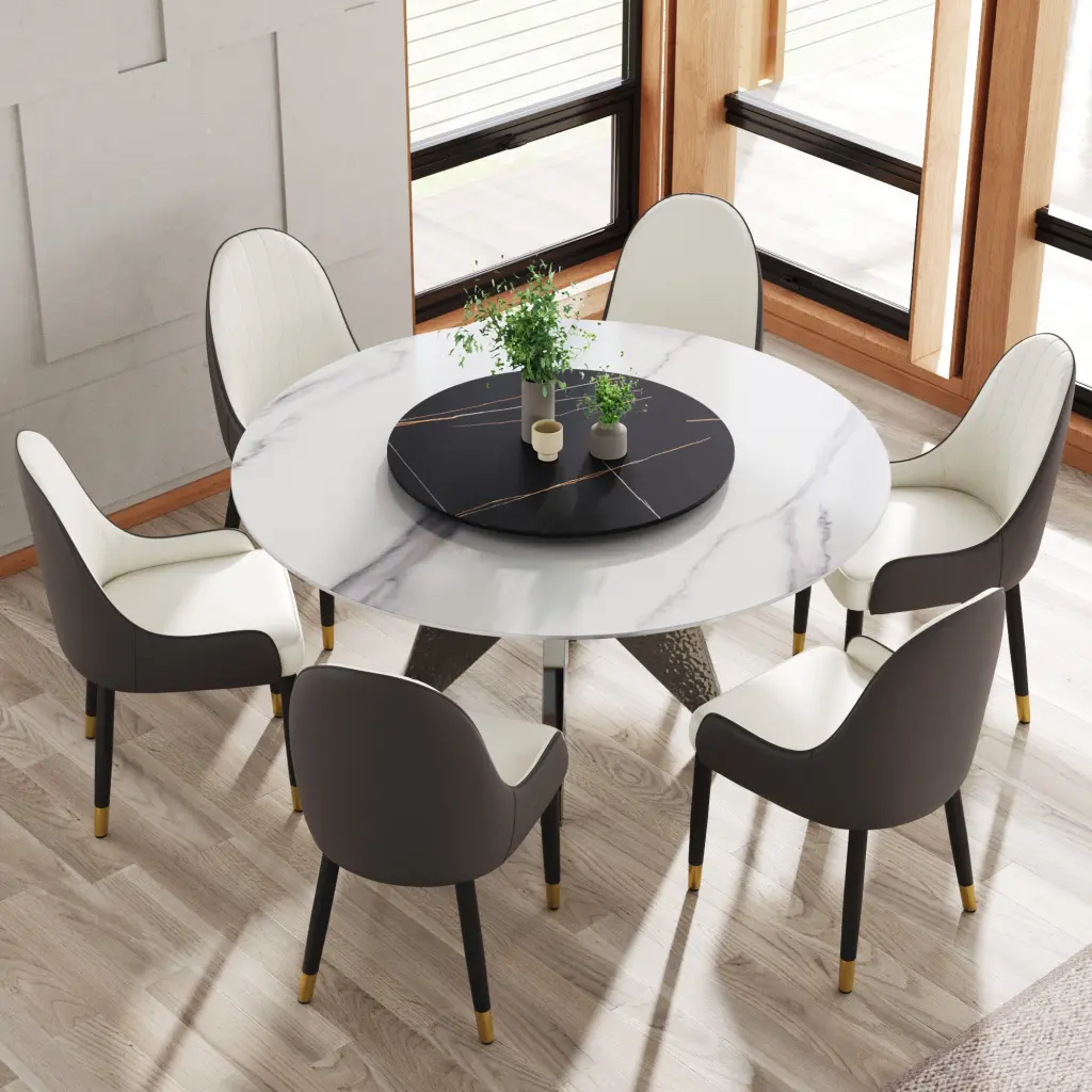 59.05 Inch Round Stone Dining Table Stainless Alloy Base atunus