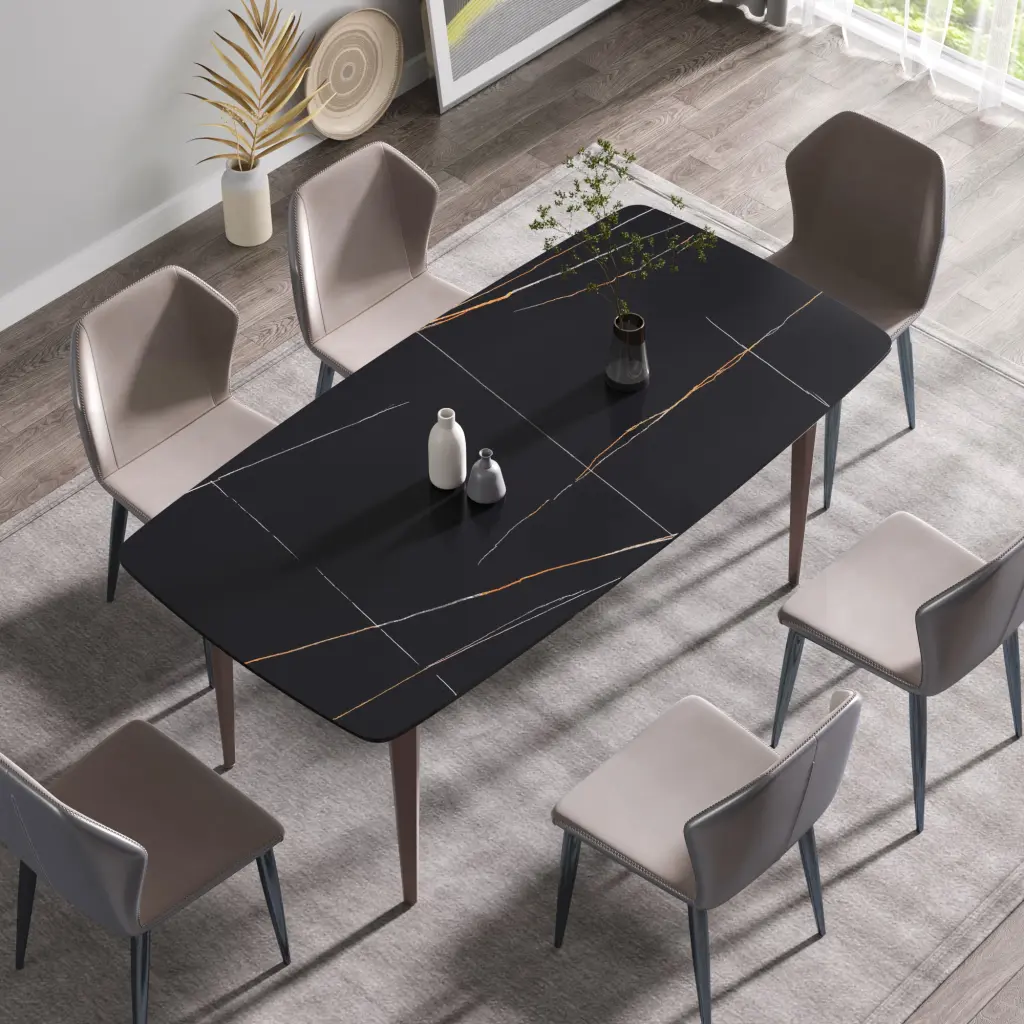 70.87 Inch Modern Artificial Marble Black Curved Metallic Leg Dining Table atunus