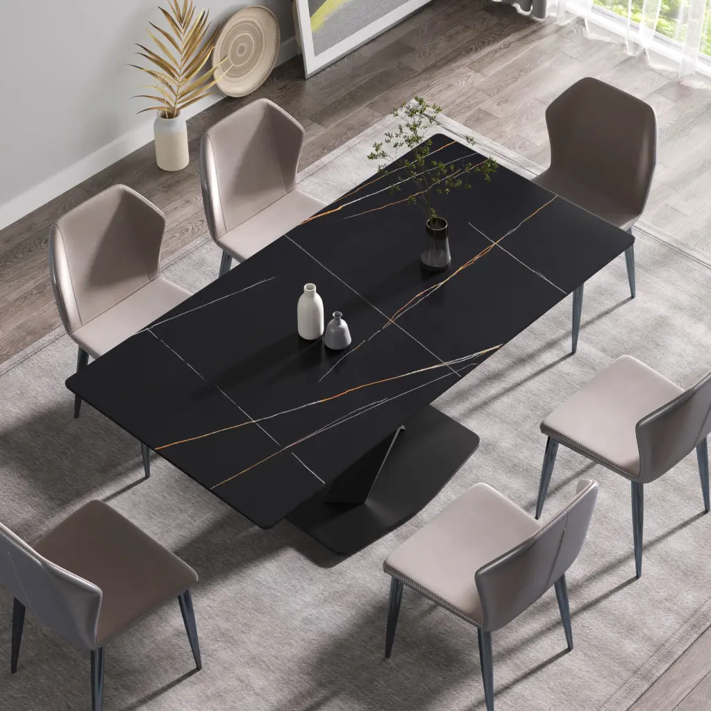 70.87 Inch Modern Artificial Marble Black Dining Table Metallic Legs atunus