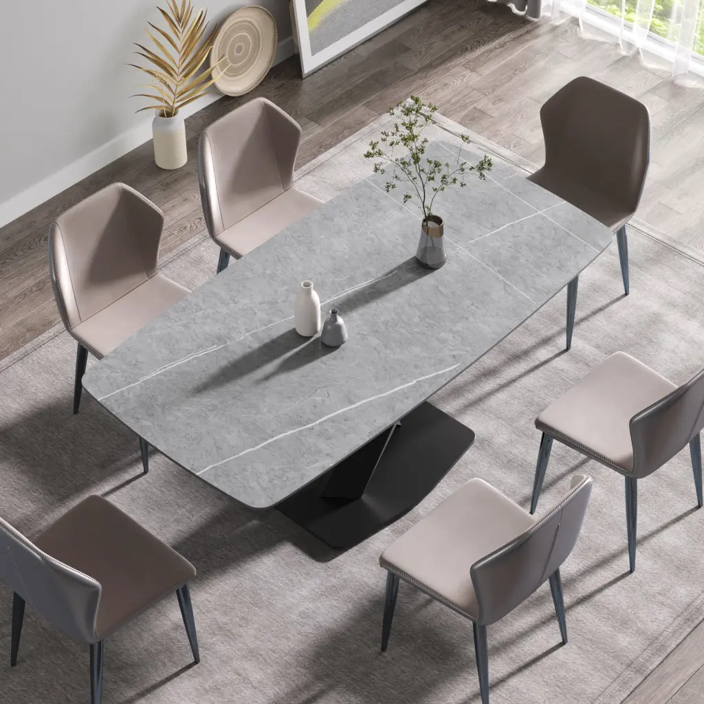 70.87 Inch Modern Artificial Marble Gray Curved Black Metallic Leg Dining Table atunus
