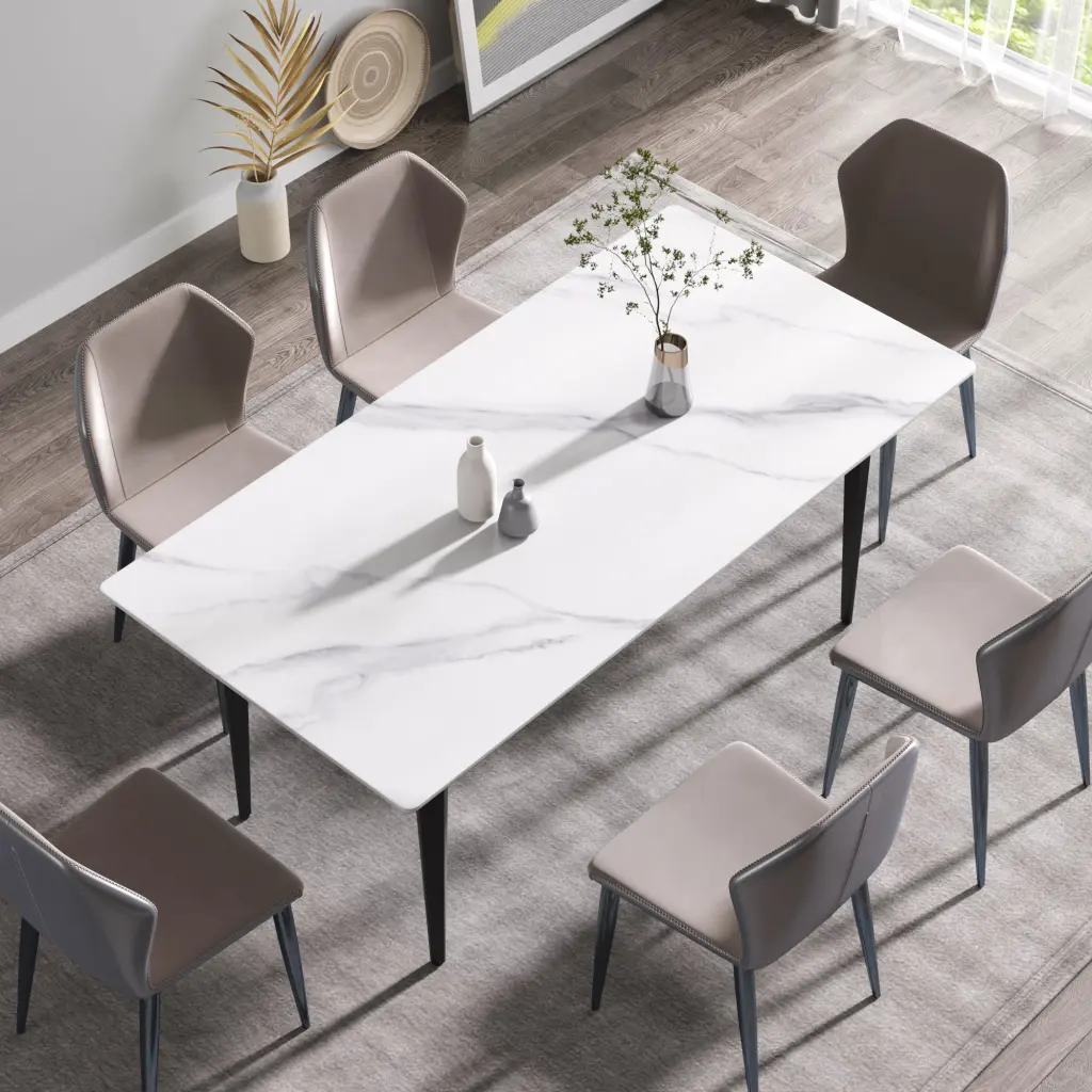 70.87 Inch Modern Artificial Marble White Straight Edge Black Metallic Leg Dining Table atunus