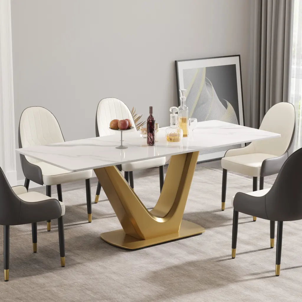 78.74 Inch Modern Artificial Marble White Panel Dining Table V-Shaped Metallic Legs atunus