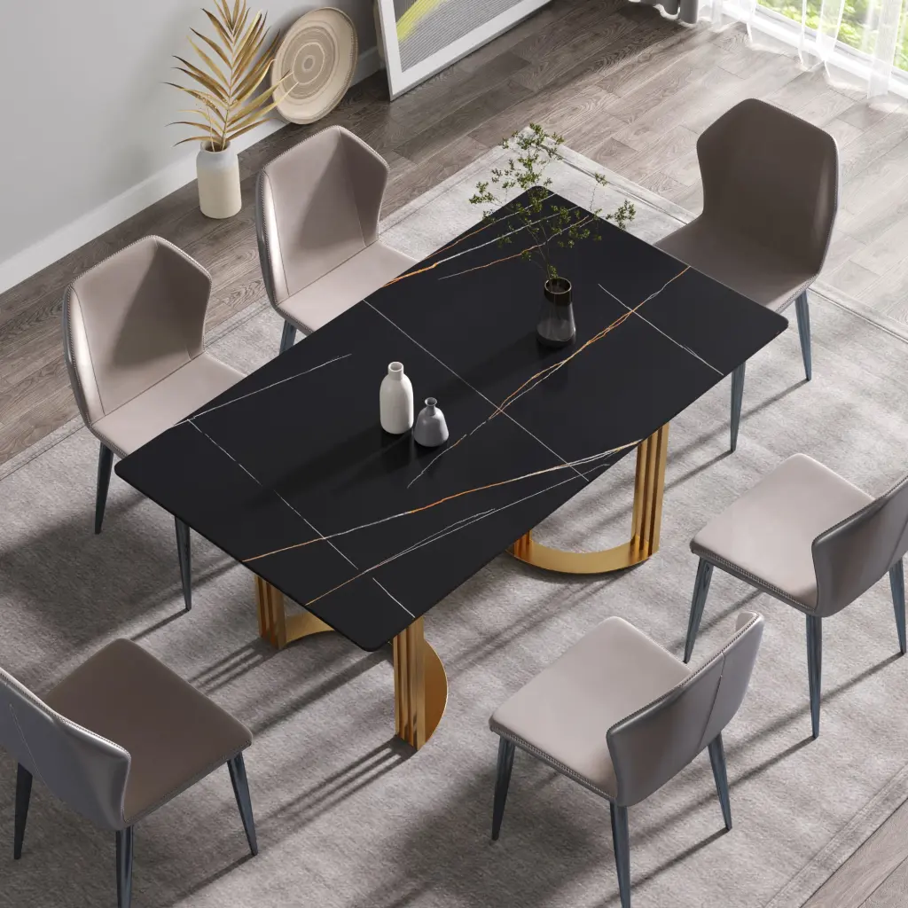 63 Inch Modern Artificial Marble Black Dining Table Metal Legs atunus