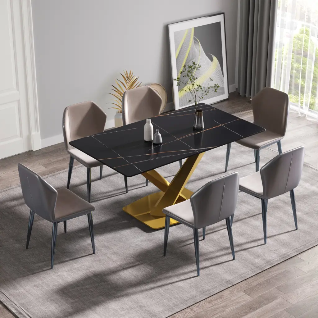 63 Inch Modern Artificial Marble Black Straight Edge Table Metallic X Leg atunus