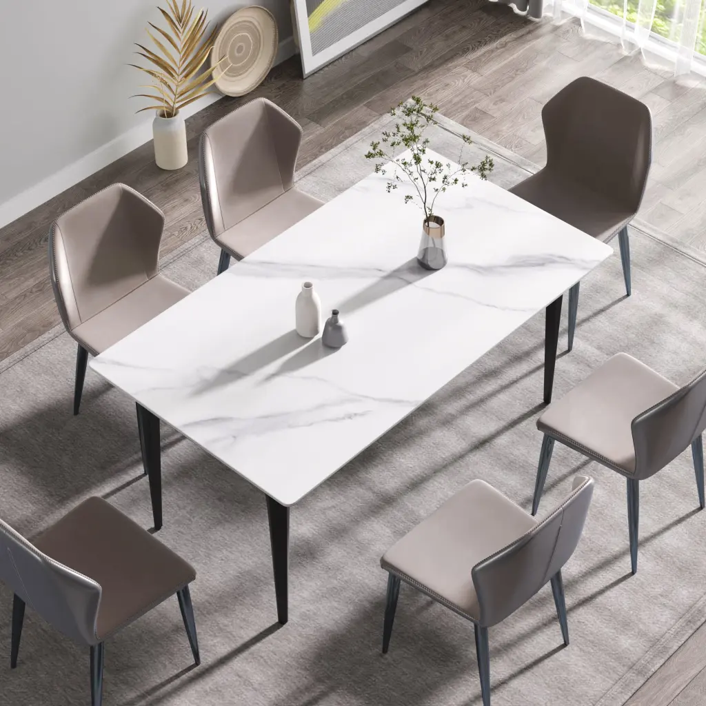 63 Inch Modern Artificial Marble Dining Table - White Straight Edge Black Metallic Legs atunus