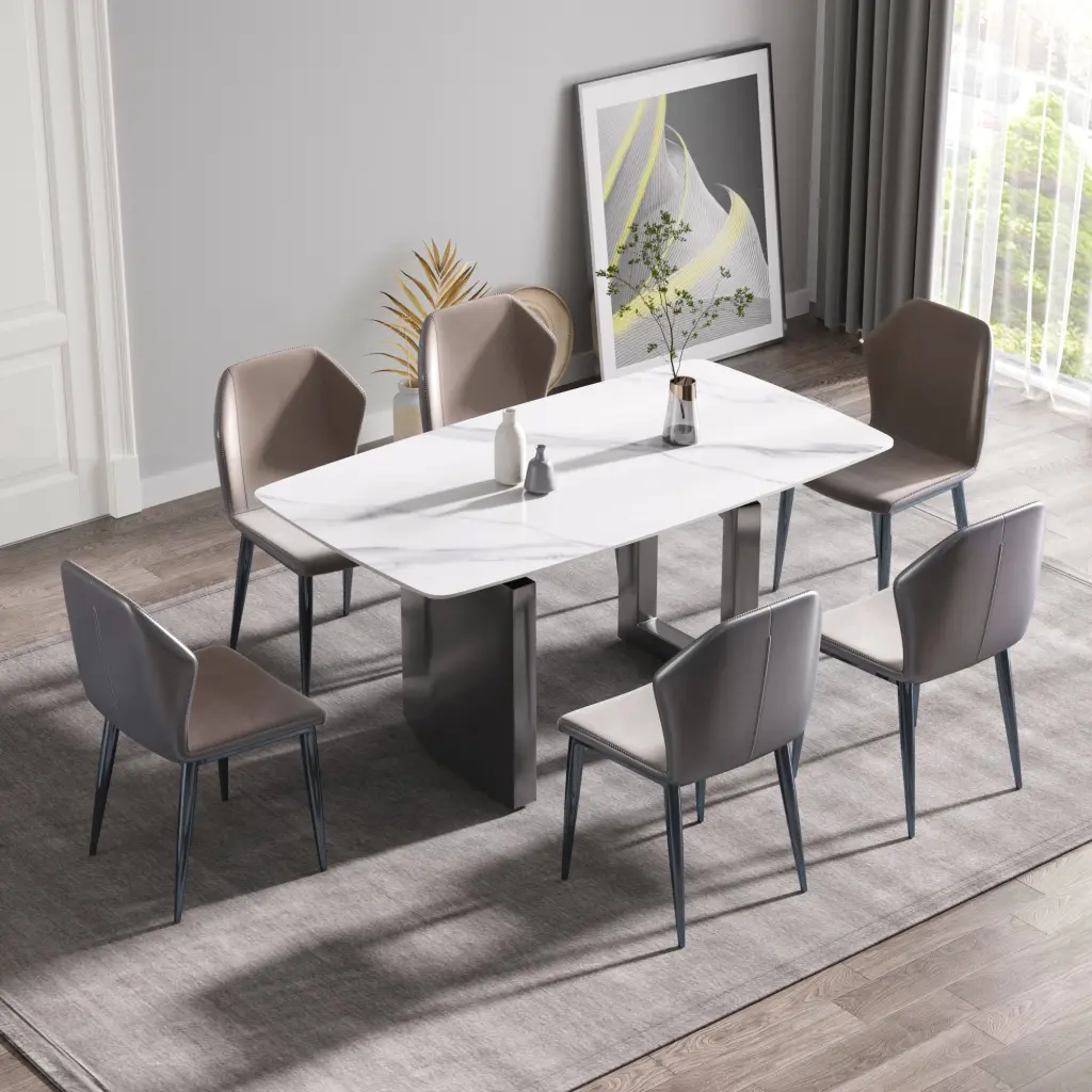 63 Inch Modern Artificial Marble White Curved Dining Table Black Metallic Legs atunus