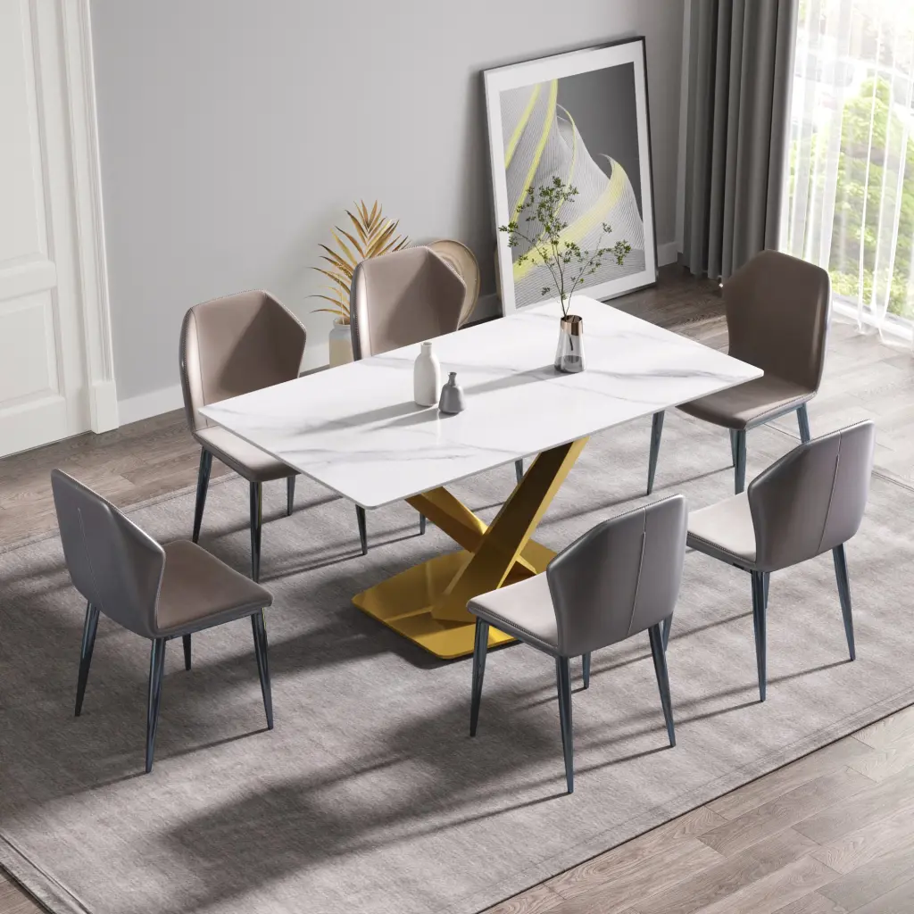 63 Inch Modern Artificial Marble White Straight Edge Table Metallic X Leg atunus