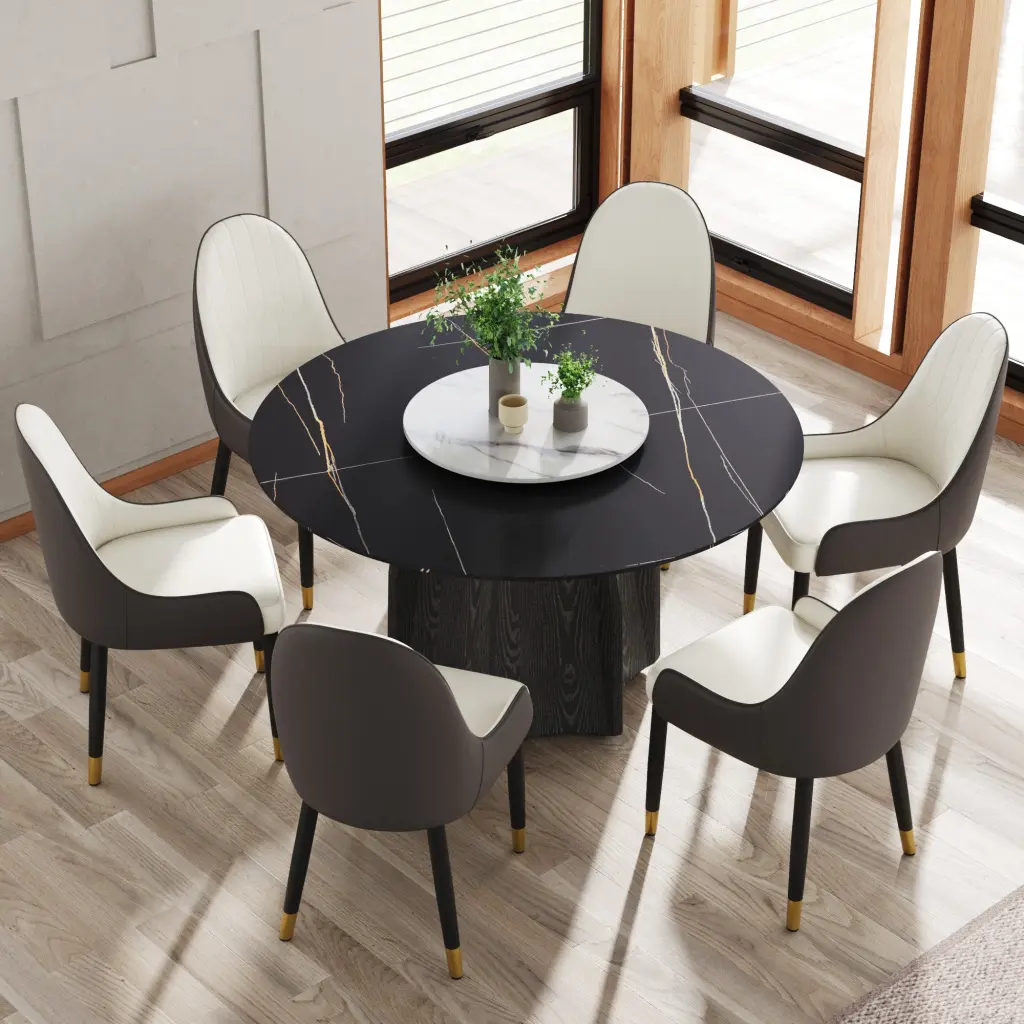 53 Inch Round Marble Dining Table Black Textured Solid Wood Base atunus