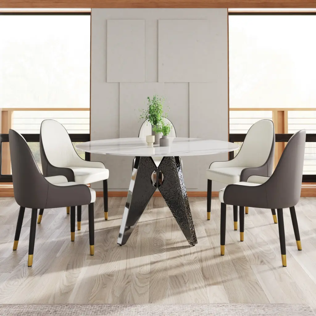 53 Inch Round Marble Dining Table Silver Stainless Steel Base Modern Kitchen Furniture atunus