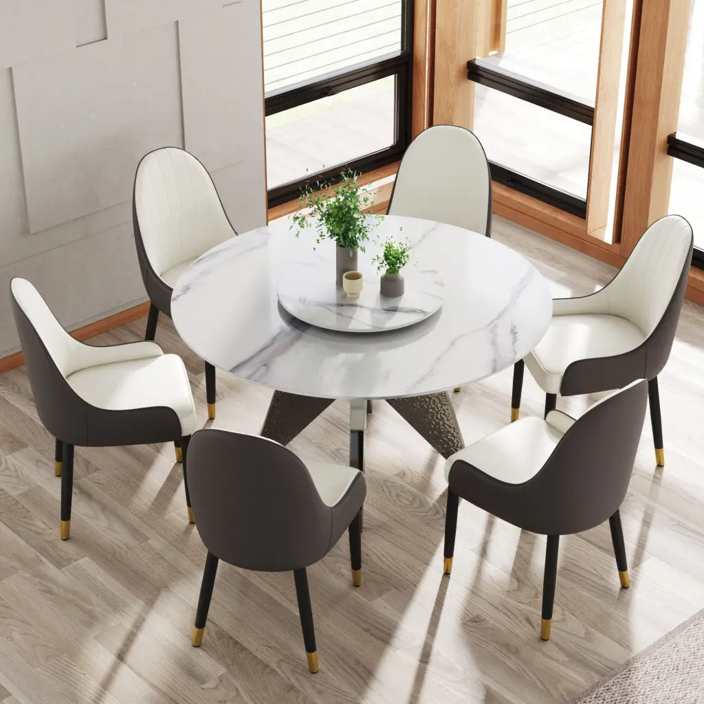 53 Inch Round Stone Dining Table Shiny Stainless Alloy Metal Base atunus