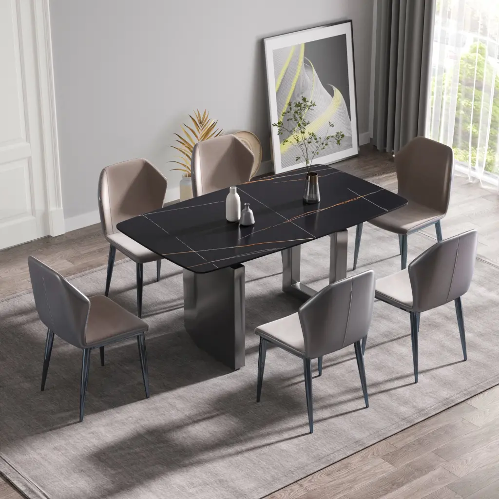 63 Modern Artificial Marble Black Curved Dining Table Metallic Legs atunus