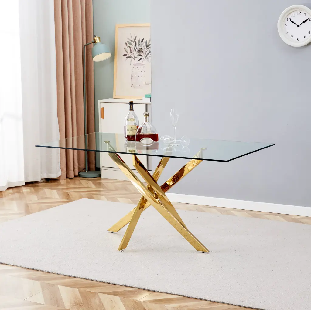 Tempered Clear Glass Golden Leg Dining Table 63 Inches Gold Glass d-n furniture
