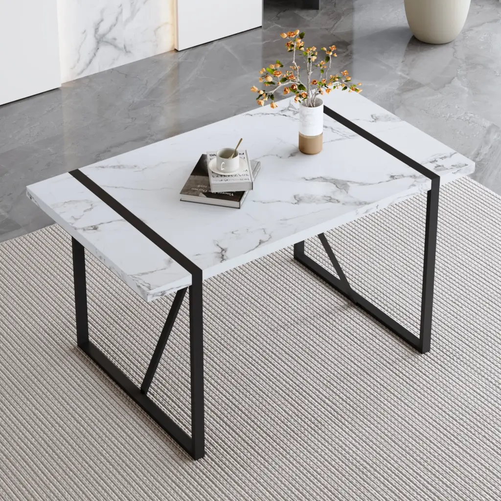 Industrial Rectangular MDF White Pattern Dining Table 4-6 People - Modern Kitchen Furniture droom w-1151