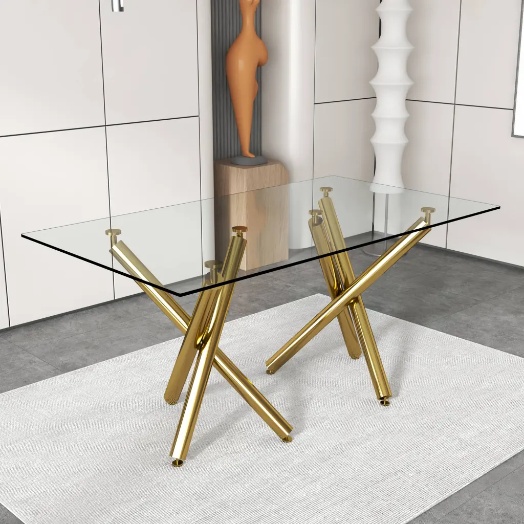Large Modern Minimalist Rectangular Glass Dining Table 6 8 Metal Base droom w-1151