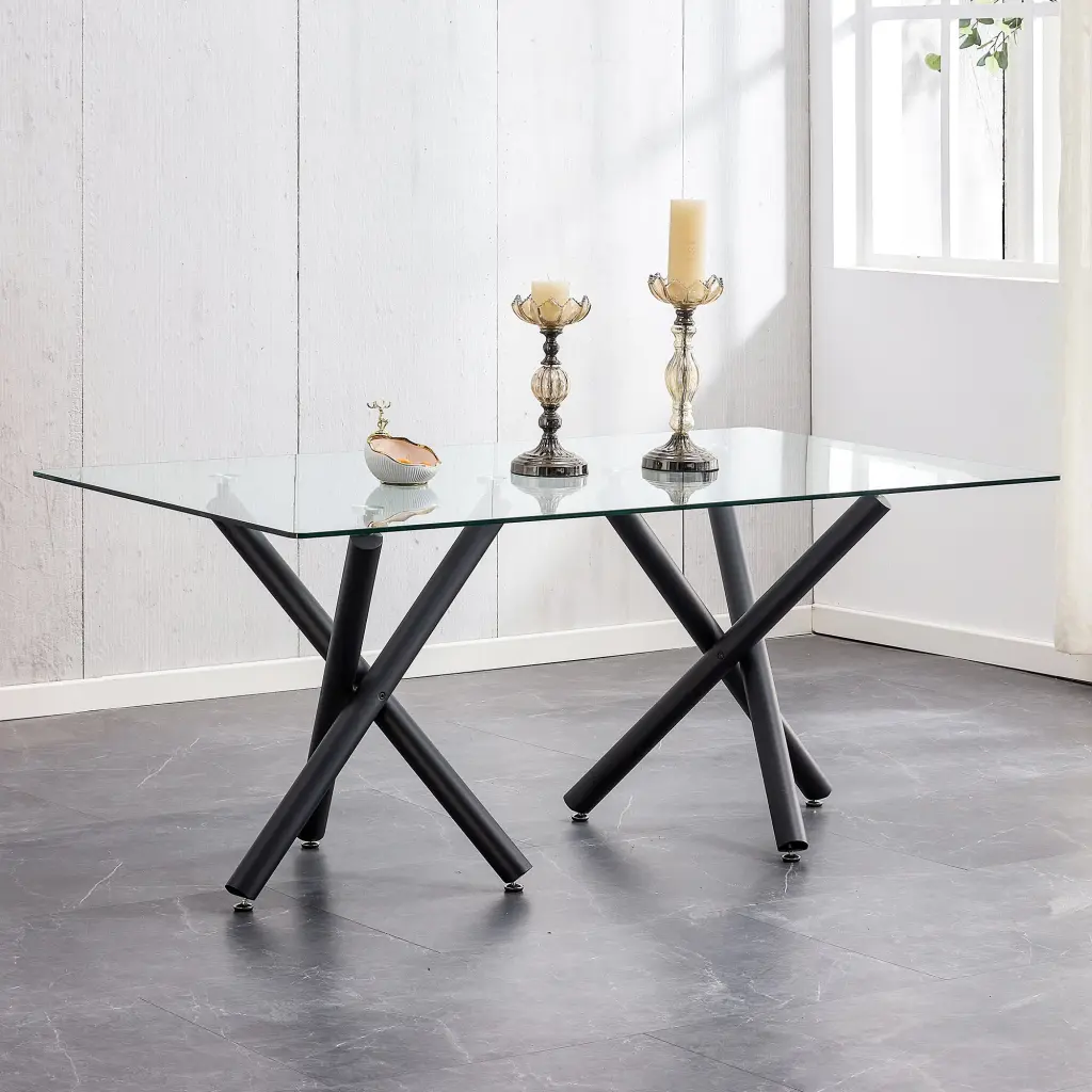 Large Modern Minimalist Rectangular Glass Dining Table 6-8 People Metal Base droom w-1151