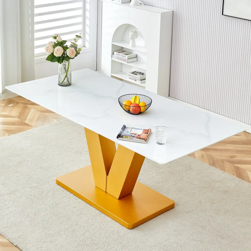 Marble Style White Dining Table 4-8 People 0.4 Inch Table Top droom w-1151