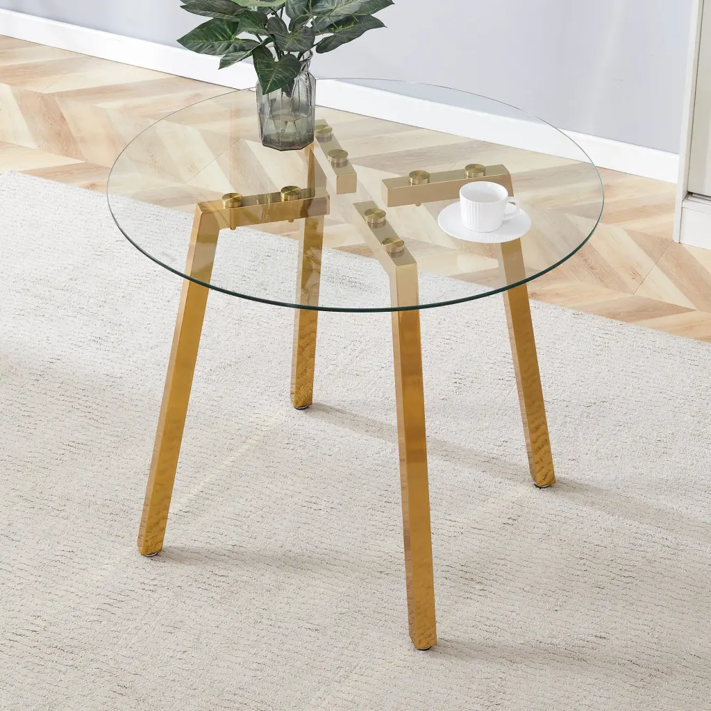 Modern Opulent Round Tempered Glass Dining Table Gold Base 7 droom w-1151
