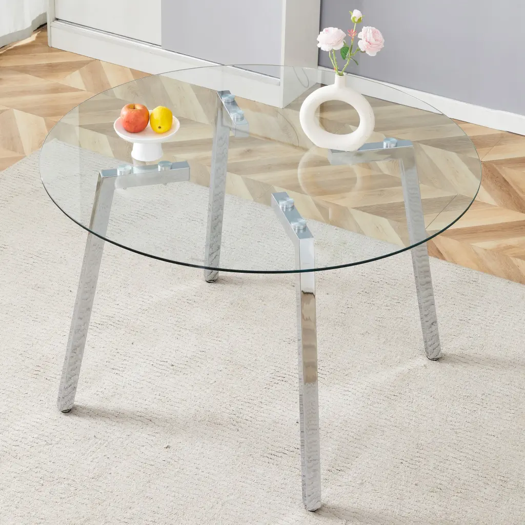 Modern Opulent Round Tempered Glass Dining Table Silver Base droom w-1151