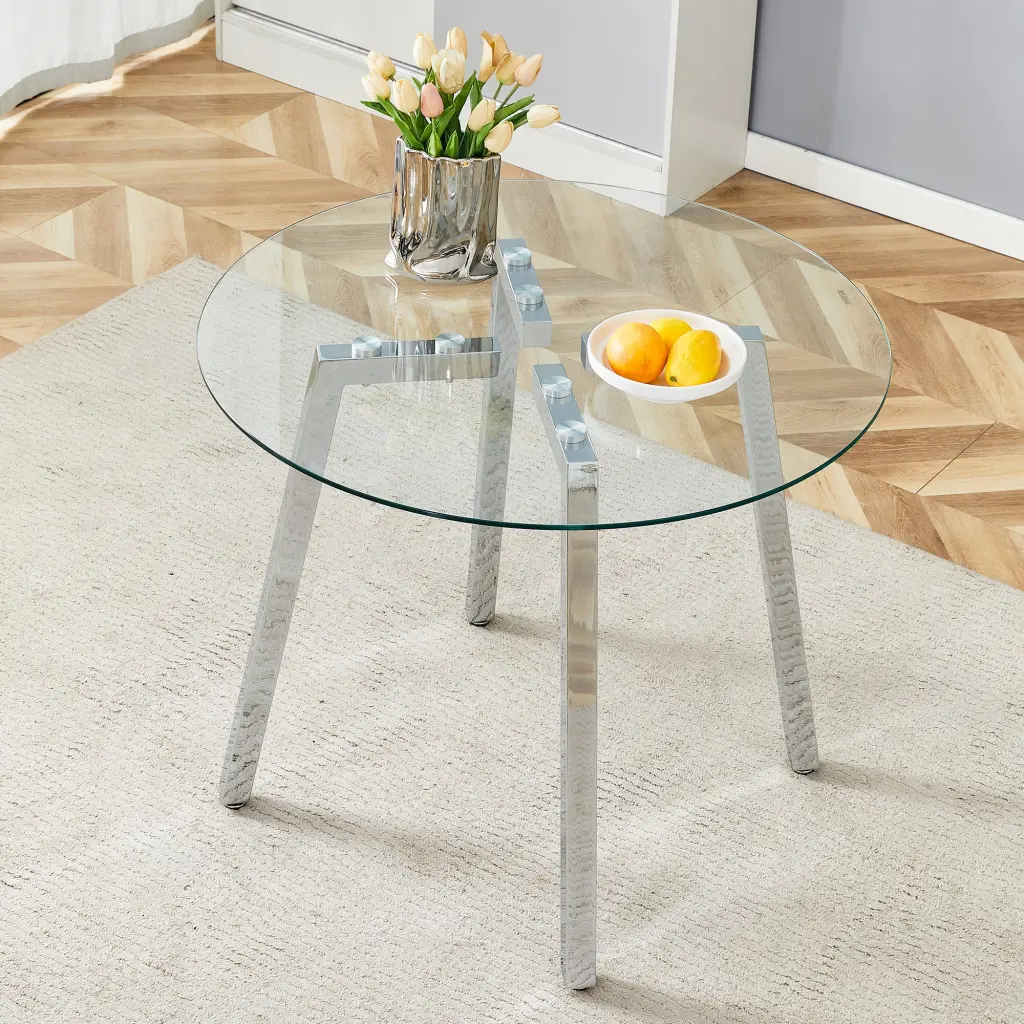 Modern Opulent Round Tempered Glass Dining Table Silver Base droom w-1151