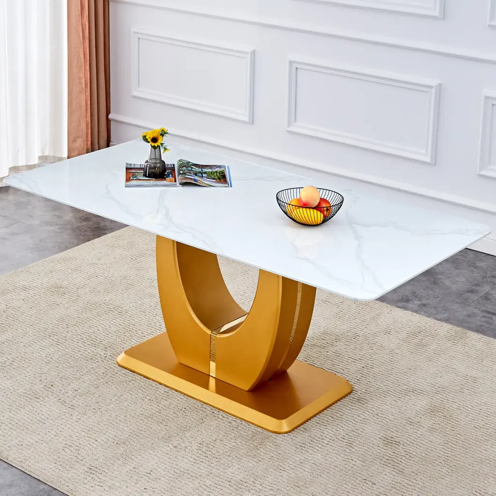 Modern Premium White Imitation Marble Glass Top Dining Table droom w-1151