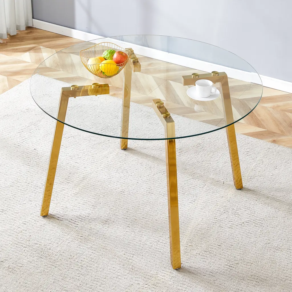 Modern Round Tempered Glass Dining Table Gold Base 7 Seater droom w-1151