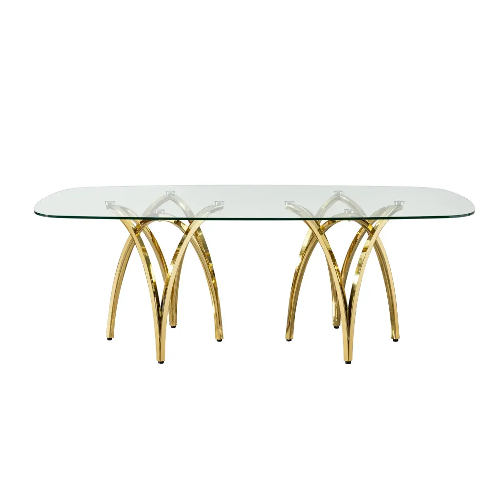0.47 Inch Thick Tempered Clear Crystal Rectangular Big Dining Table Gold Base Modern Kitchen Table foshan dahui furniture ...