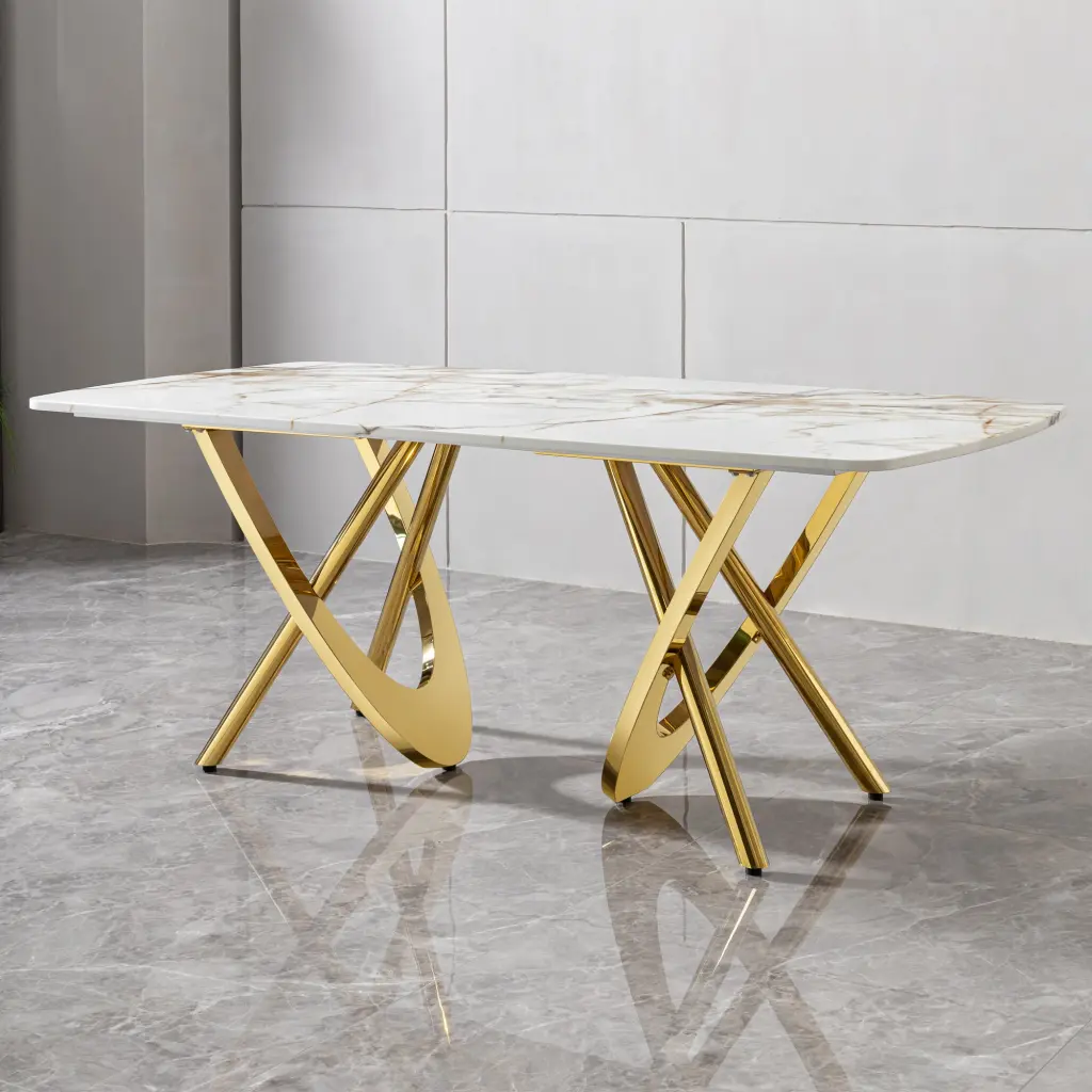 MDF Stone Pattern Dining Table Stainless Alloy Metal Base Rectangle foshan dahui furniture co.-ltd.
