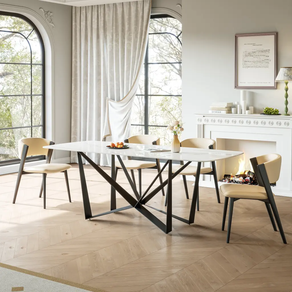 Polished Black Sandstone Dining Table Glossy Snow Mountain Marble Top gbkgoods