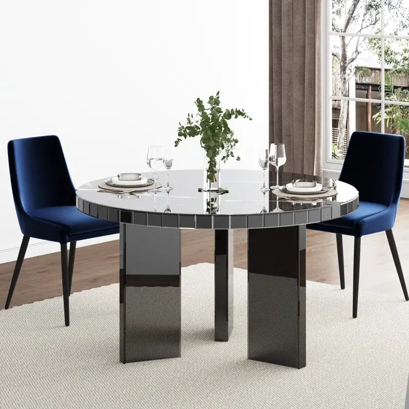 48 Inch Round Faux Stone Mirrored Dining Table Black Mirrored Finish glam furniture