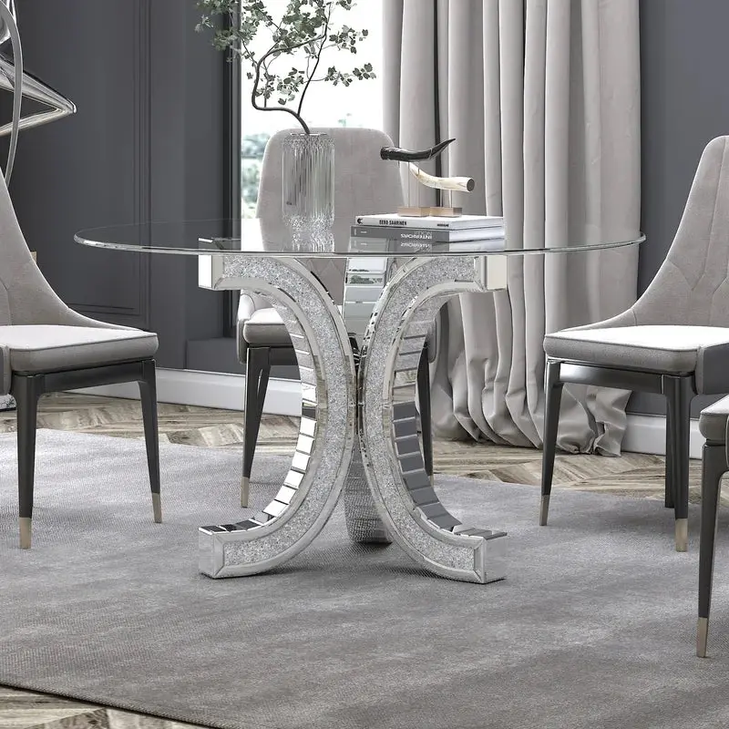 52" Mirror Crystal Pedestal Dining Table Tempered Crystal Tabletop glam furniture