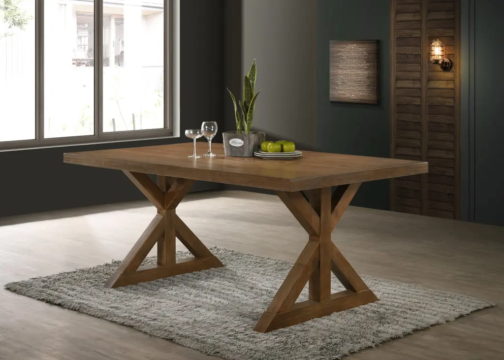 Enna Modern Farmhouse Wood Trestle Dining Table Driftwood Finish hz