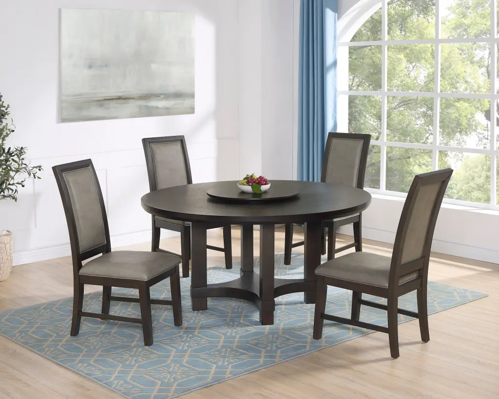 5-Piece Transitional Round Dining Table Lazy Susan and PU Upholstered Chairs Brown kanepe