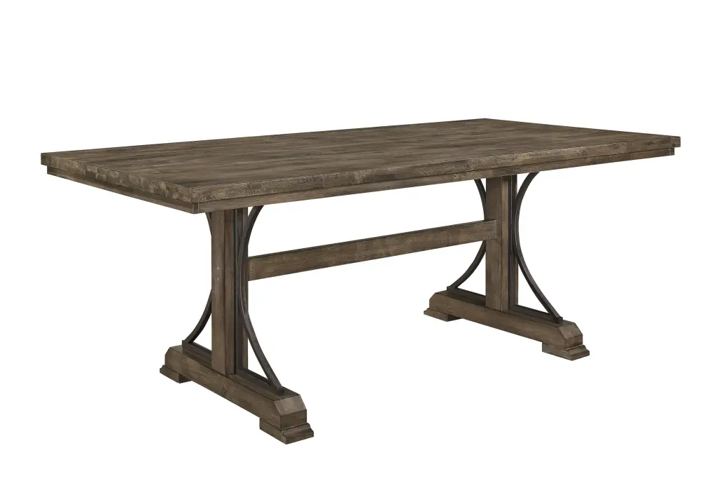 Light Brown Finish Rectangular Dining Table Curved Metal Accents Trestle Base kanepe