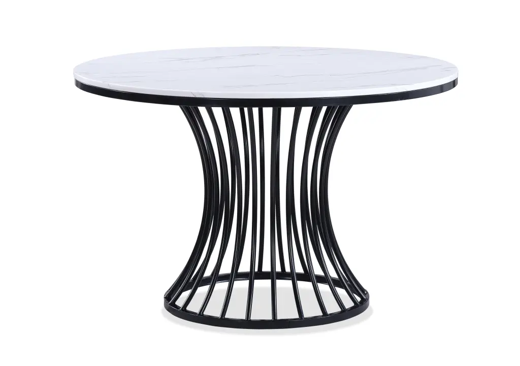 White Faux Marble Round Table Cage Like Base Dining Wooden Table kanepe