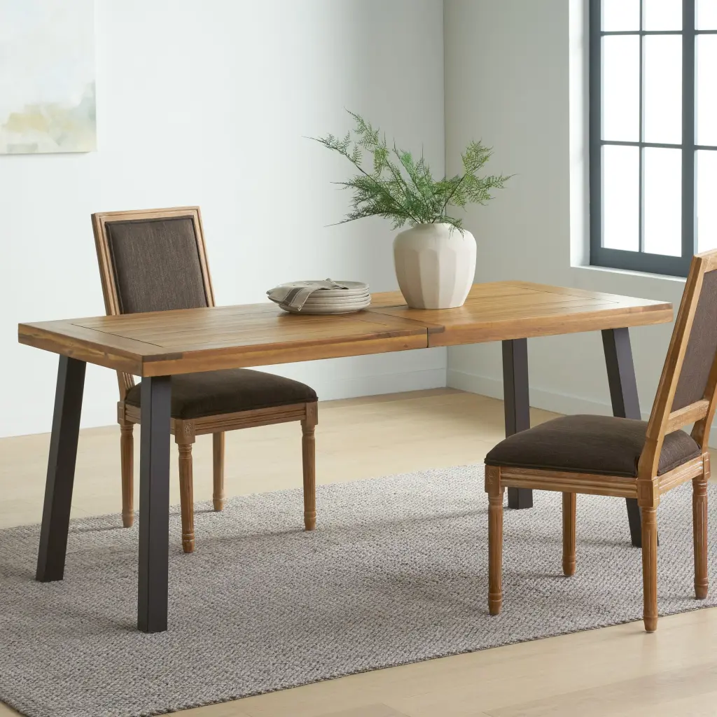 Della Acacia Timber Dining Table Natural Stain and Rustic Metallic Base nh-uhome