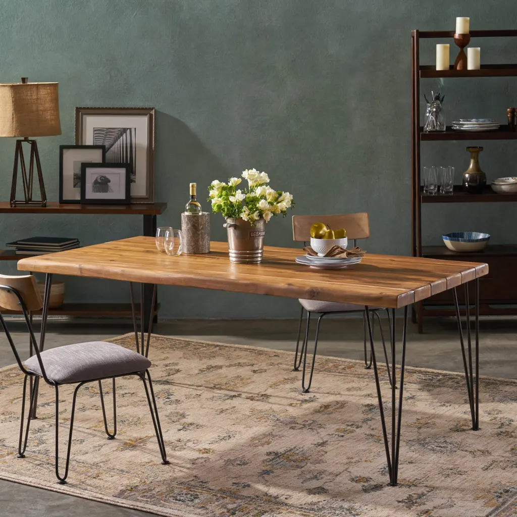 Zion Industrial Wood And Metal Rectangular Dining Table Teak Wood Finish nh-vivalux