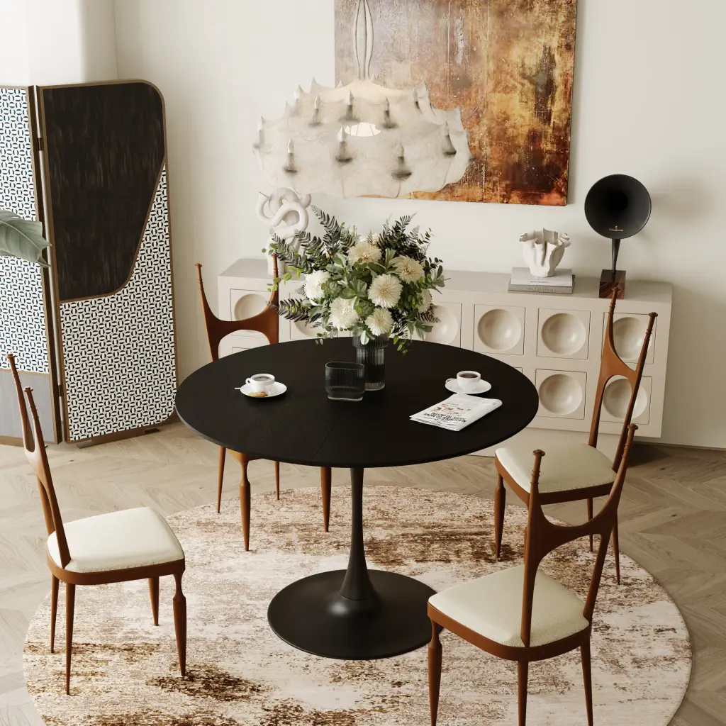42.13 Inch Modern Round Dining Table Four Patchwork E-reader Tops Black Solid Wood Base rnb