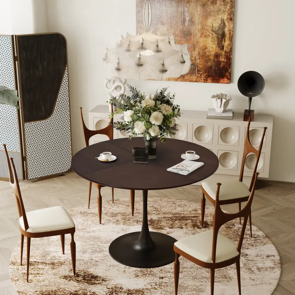42.13 Inch Modern Round Dining Table Four Patchwork Tabletops Brown Oak Finish rnb