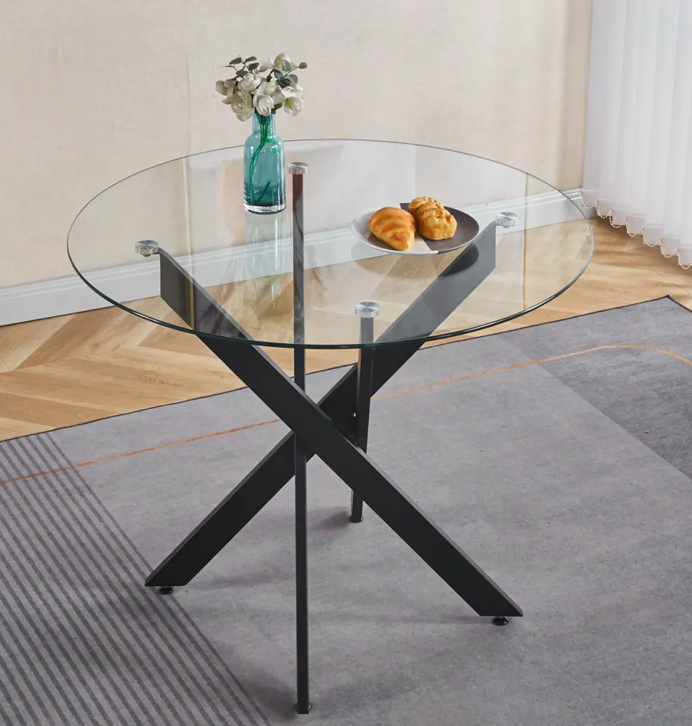 Black Dining Table Cross Metal Leg and Tempered Glass Modern Space rnb