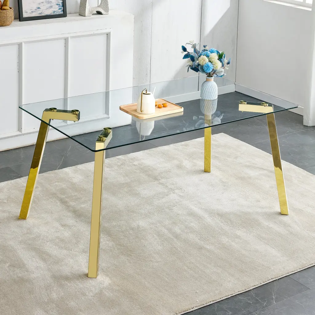 Modern Minimalist Rectangular Glass Dining Table Tempered Glass Top rnb