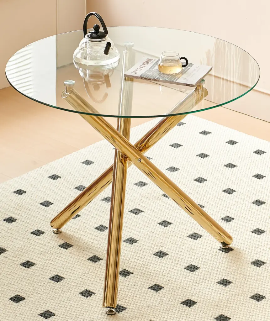 Modern Space Saving Kitchen Dining Table Metallic Leg and Crystal Top rnb
