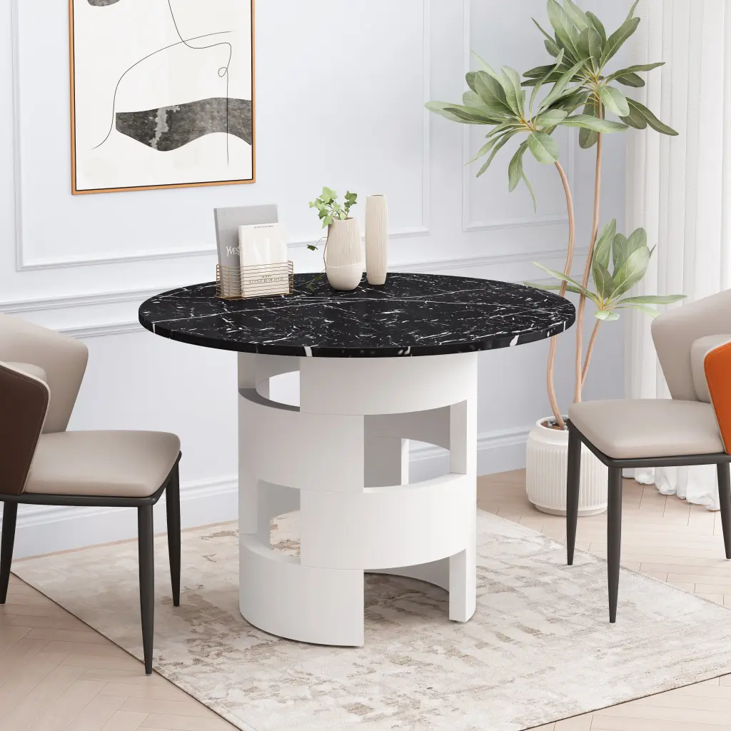 42.12 Inch Modern Round Dining Table Printed Black Stone Table Top spribung