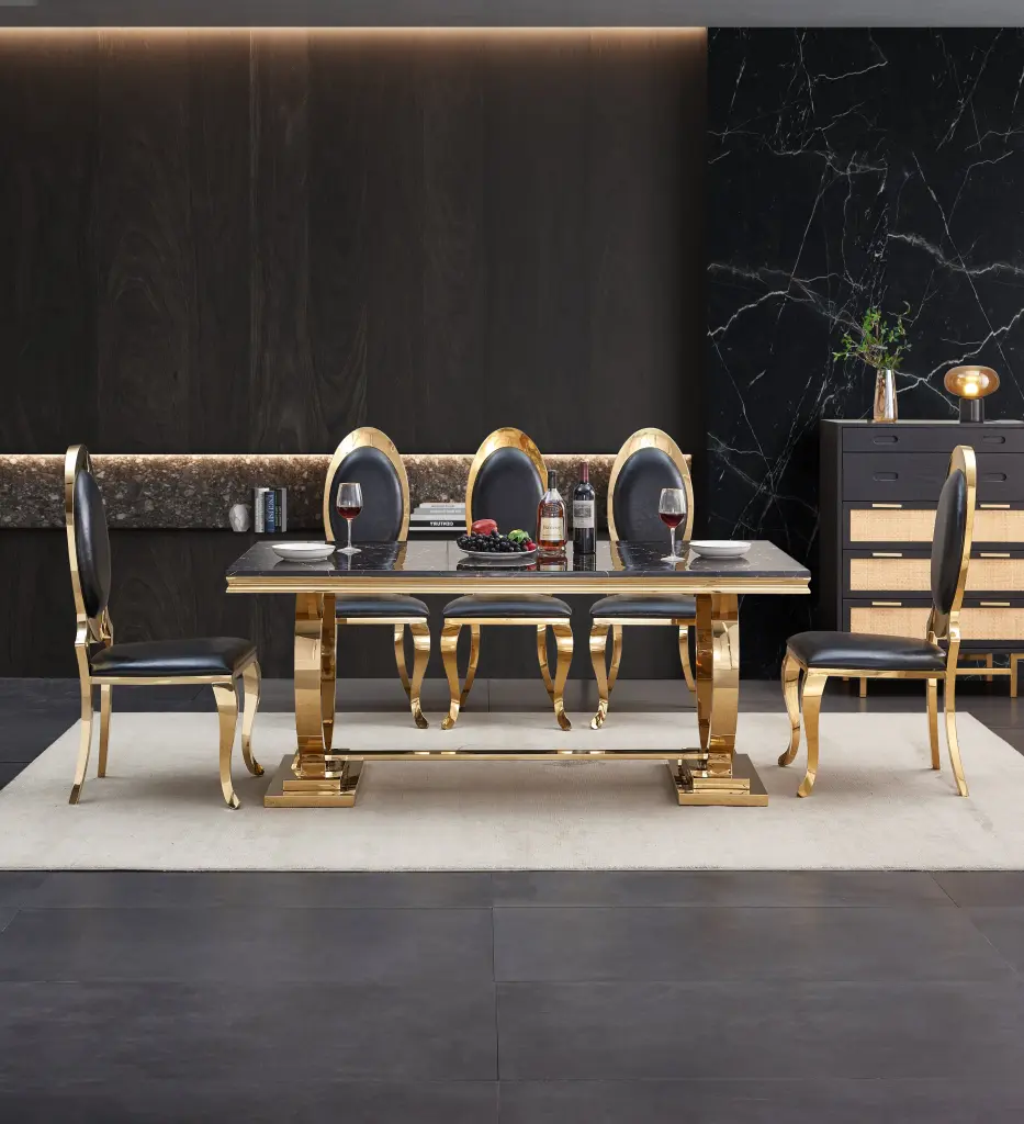 Modern Rectangular Black Stone Printing Dining Table Double U Shape Design w1311 artisan furniture