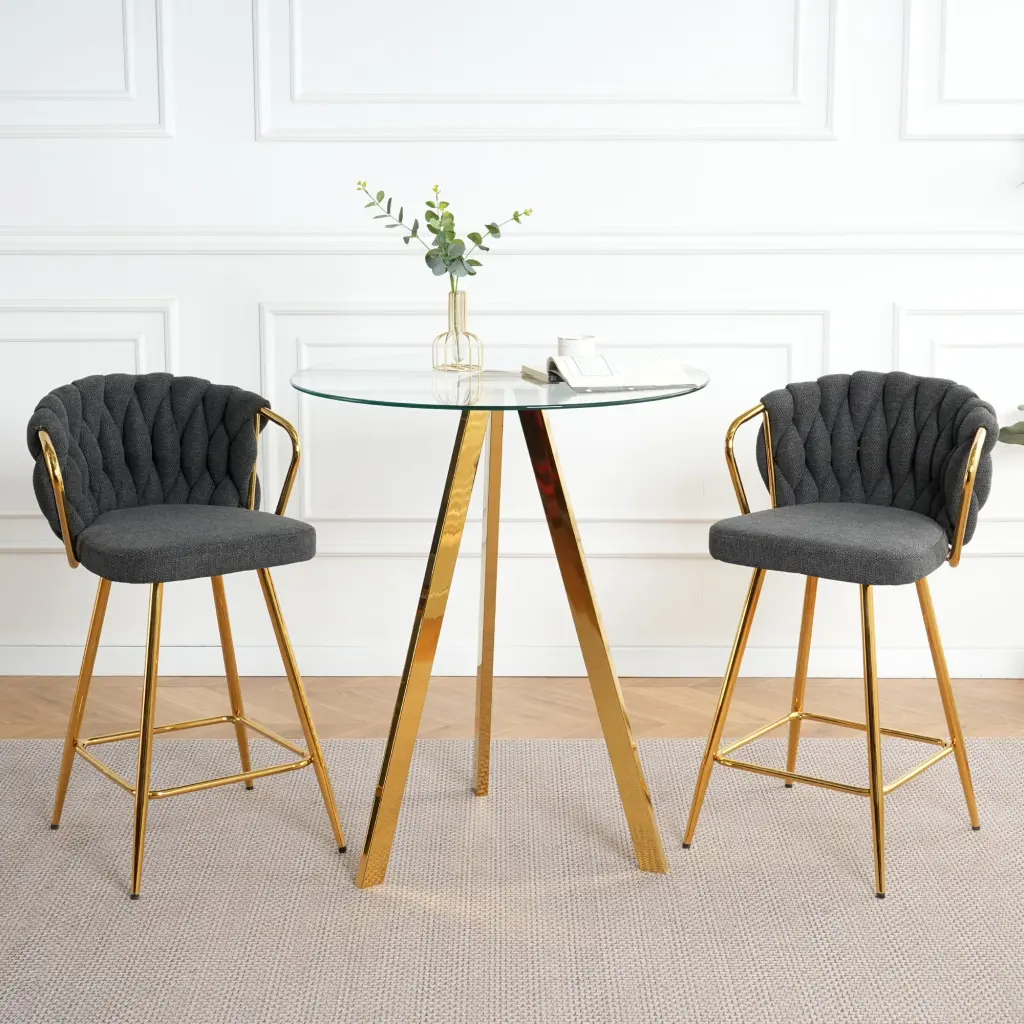 Chic Dark Grey Cotton And Linen Design Precious Metal Plated Metallic Legs Round Table youngmagic